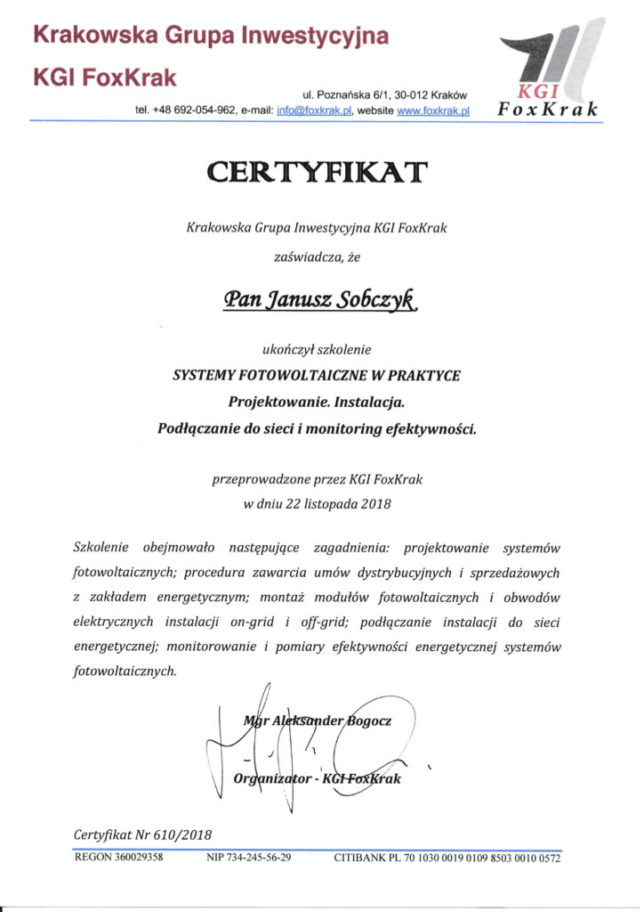 Certyfikat uprawnień elektrycznych