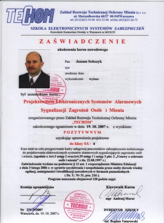 Certyfikat uprawnień TECHOM